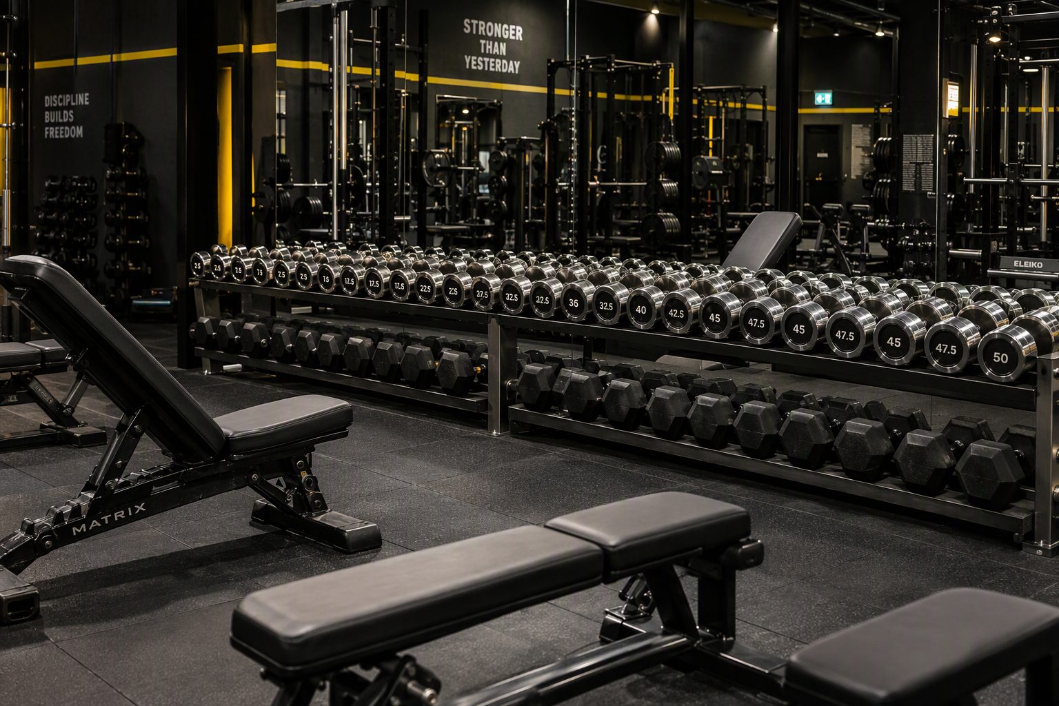 Free weights zone with dumbbell rack and benches