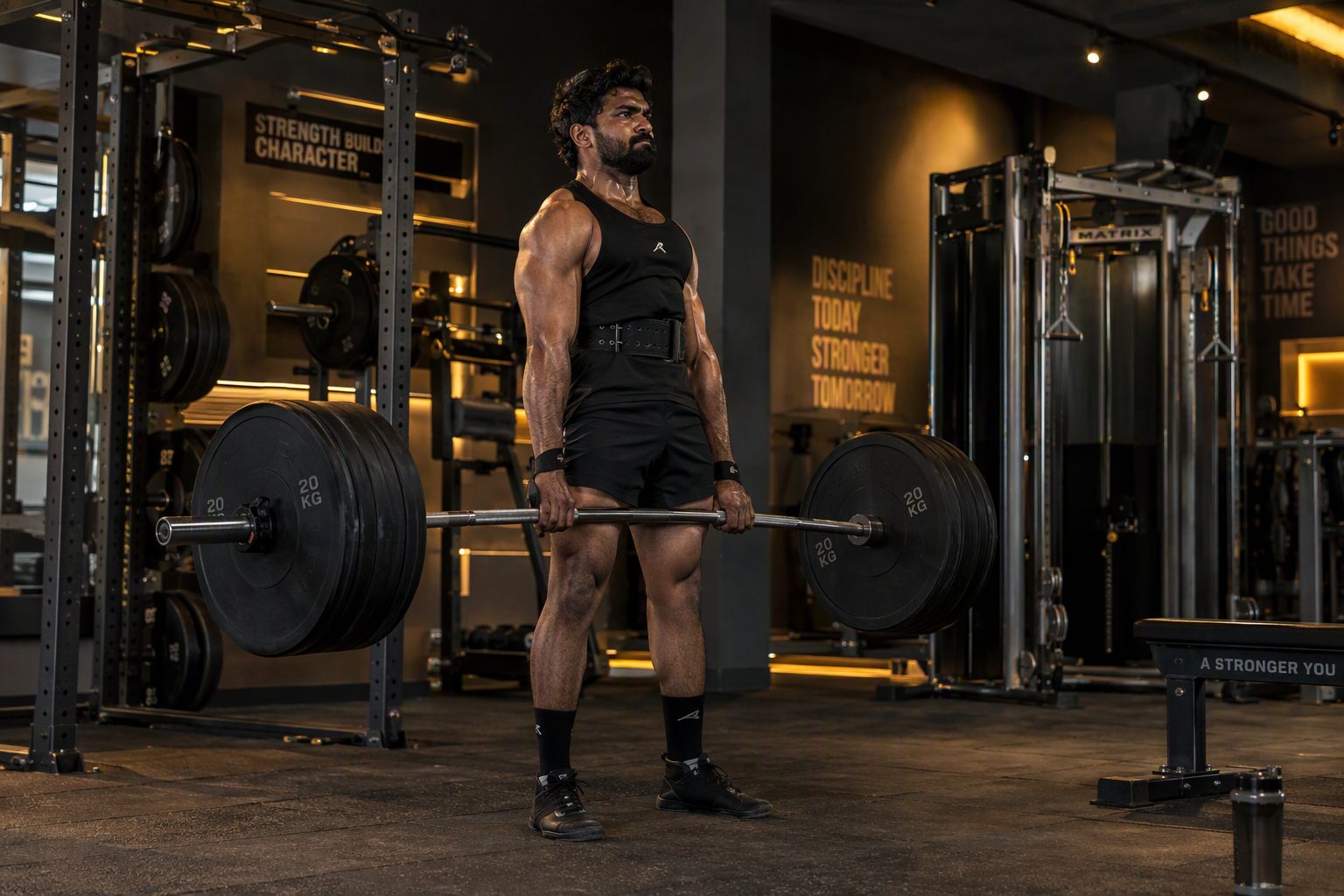 Strength training area with barbell and squat rack