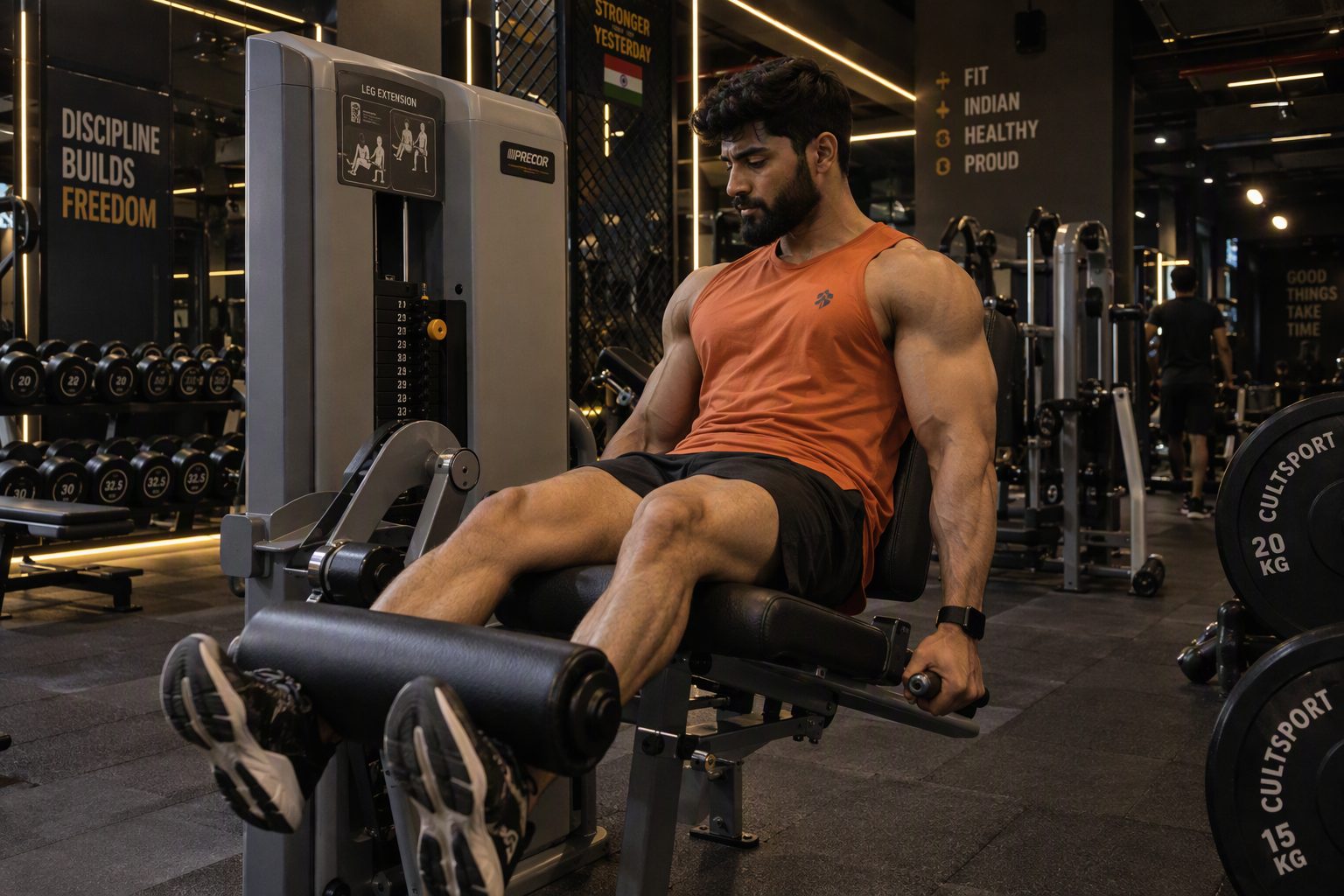 Member training on a leg extension machine at Smart Fit Gym, Kompally Secunderabad